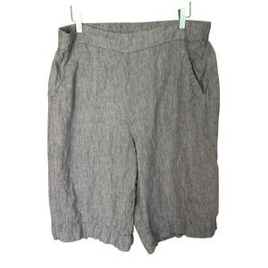 Flax Women’s Sz.L 100% Linen Chambray Pockets Black Pinstripe Bermuda Shorts